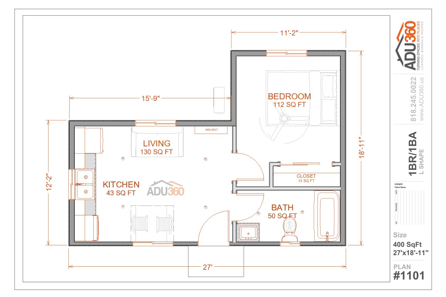 #1101 – 1 BR/1BA – 400 sqft