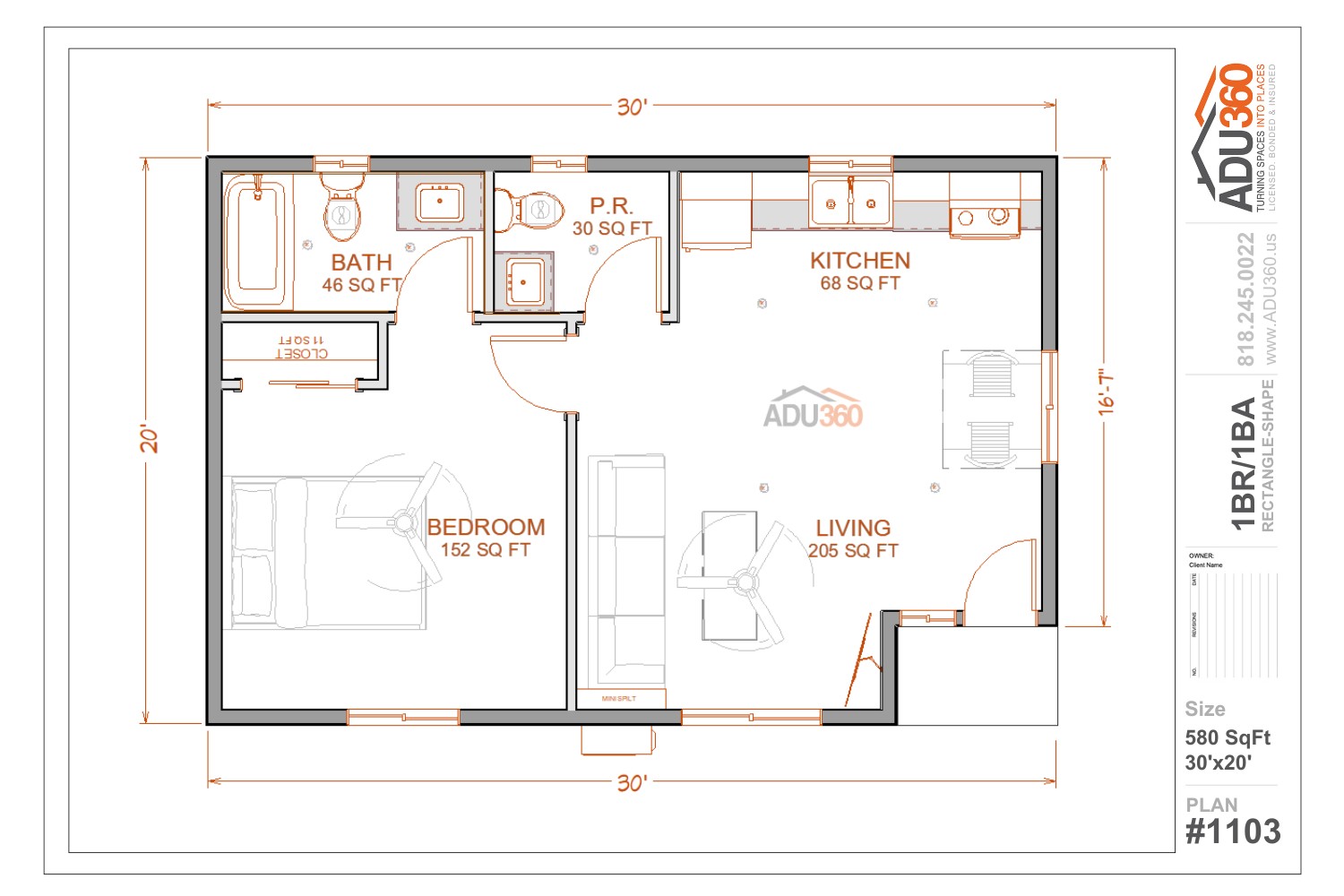 #1103 – 1BR/ 1BA – 580 sqft