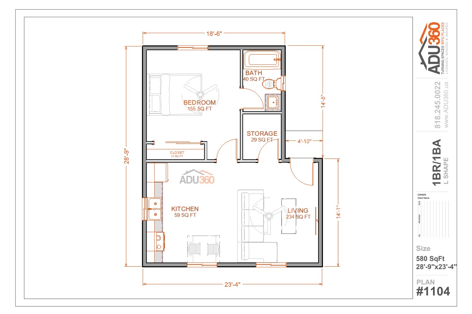 #1104 – 1BR/1BA – 580 sqft