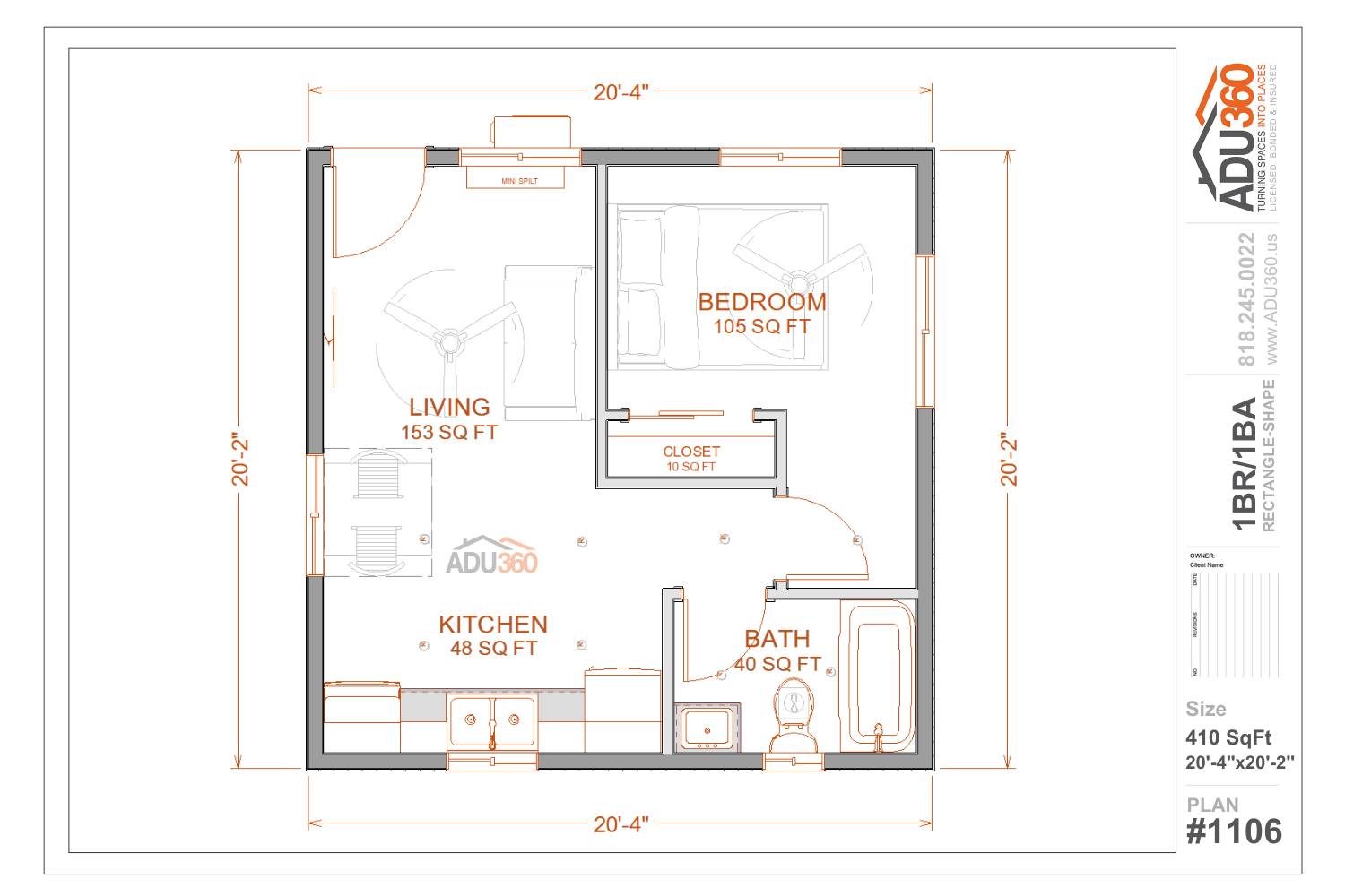 #1106 – 1BR/1 BA – 410 sqft