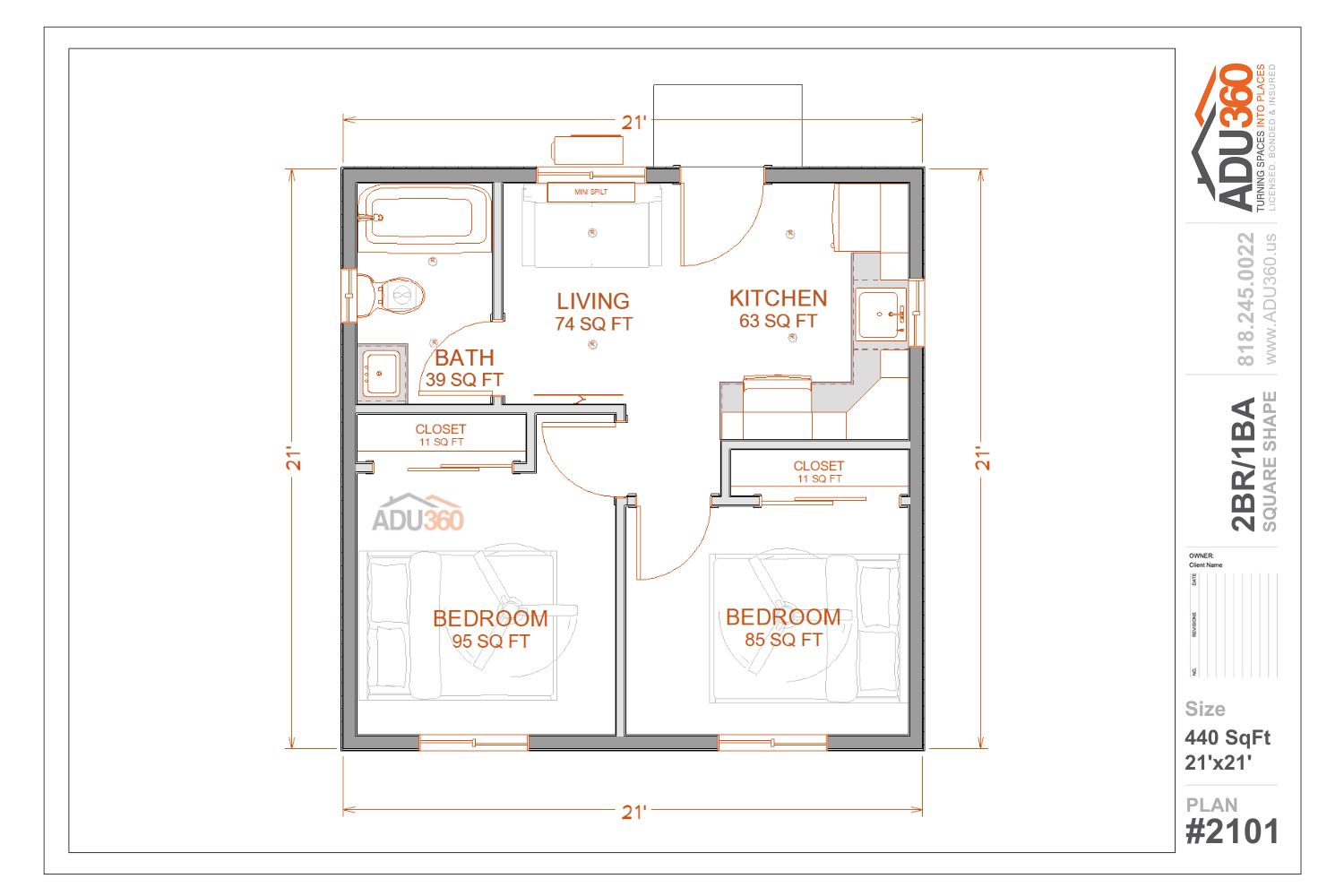 #2101 – 2BR/1BA – 440 sqft