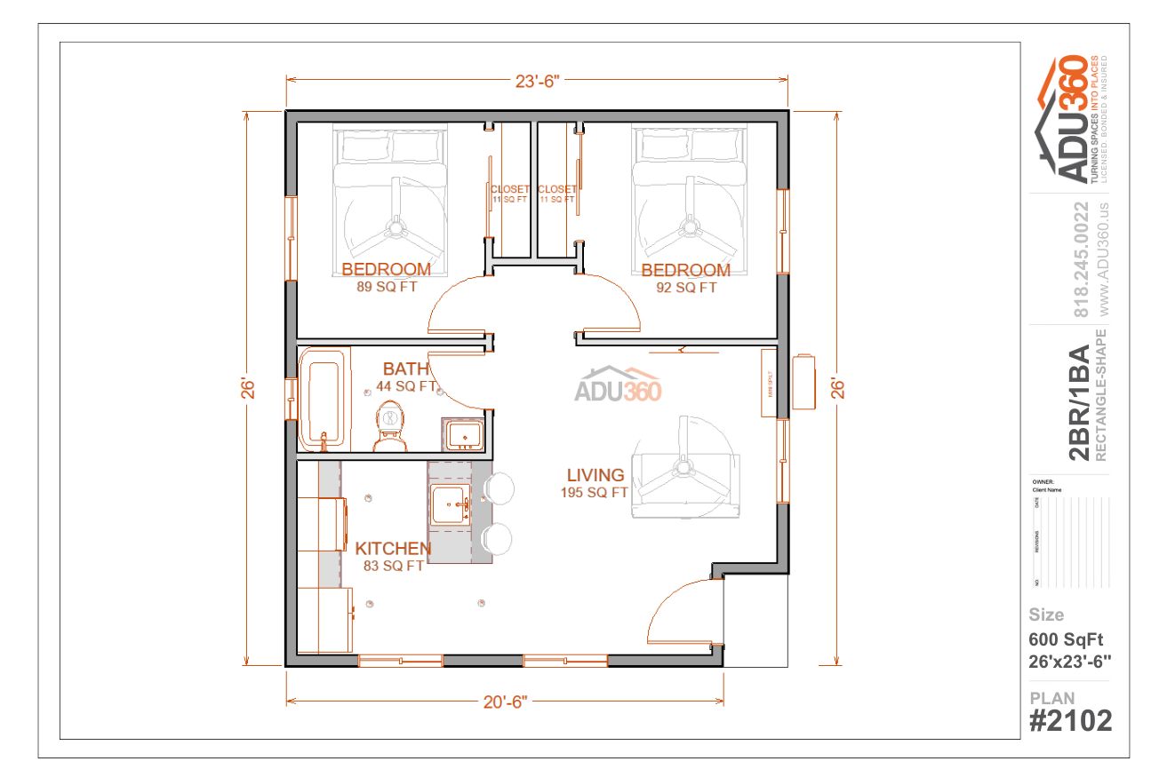 #2102 – 2BR/1BA – 600 sqft