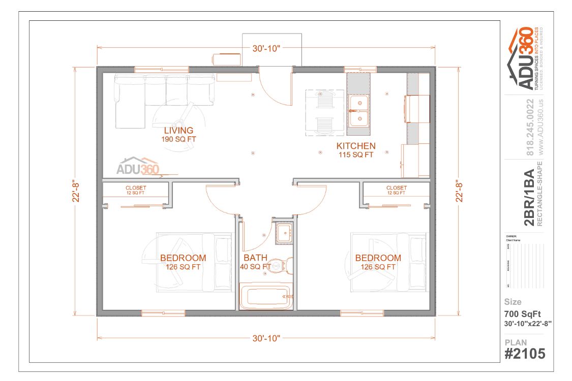 #2105 – 2BR/1BA – 700 sqft