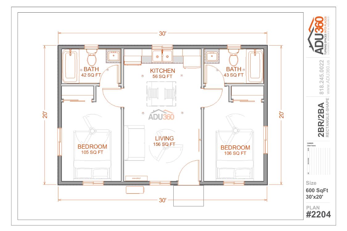 #2204 – 2BR/2BA – 600 sqft