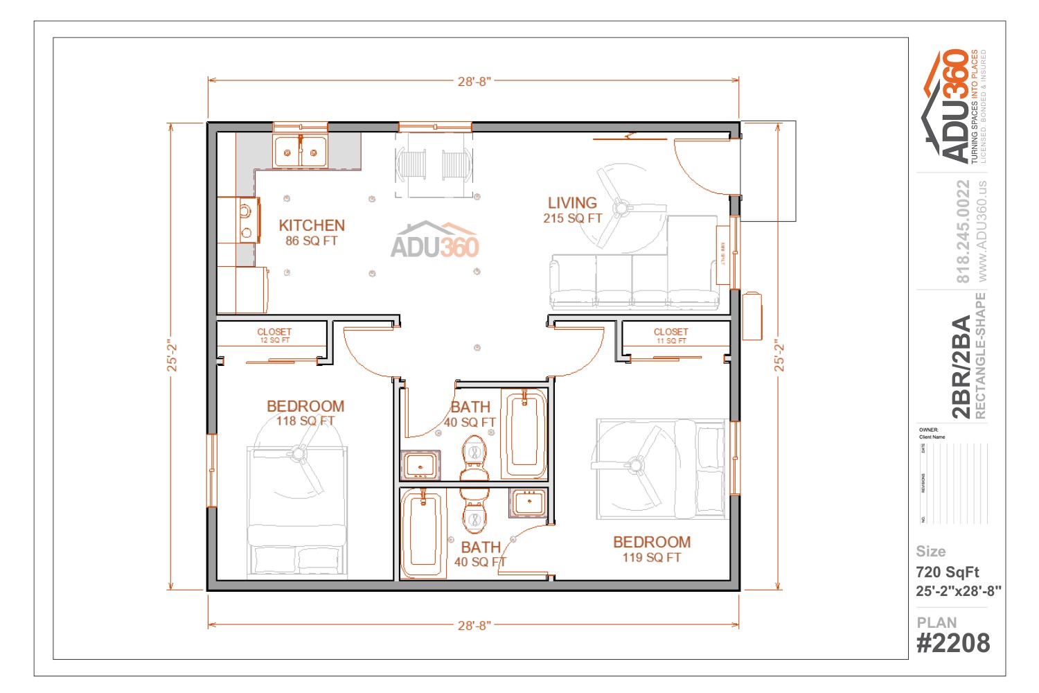 #2208 – 2BR/2 BA – 720 sqft