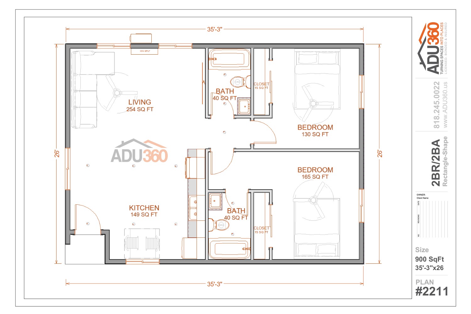 #2211 – 2BR/2BA – 900 sqft