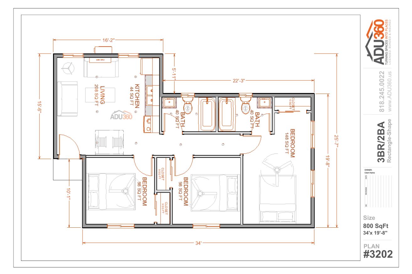 #3202 – 3BR/2BA – 800 sqft