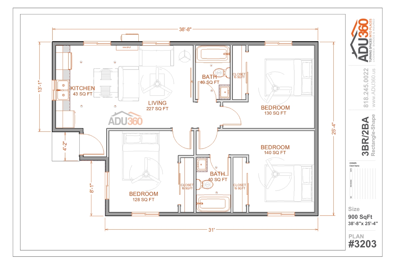 #3203 – 3BR/2BA – 900 sqft