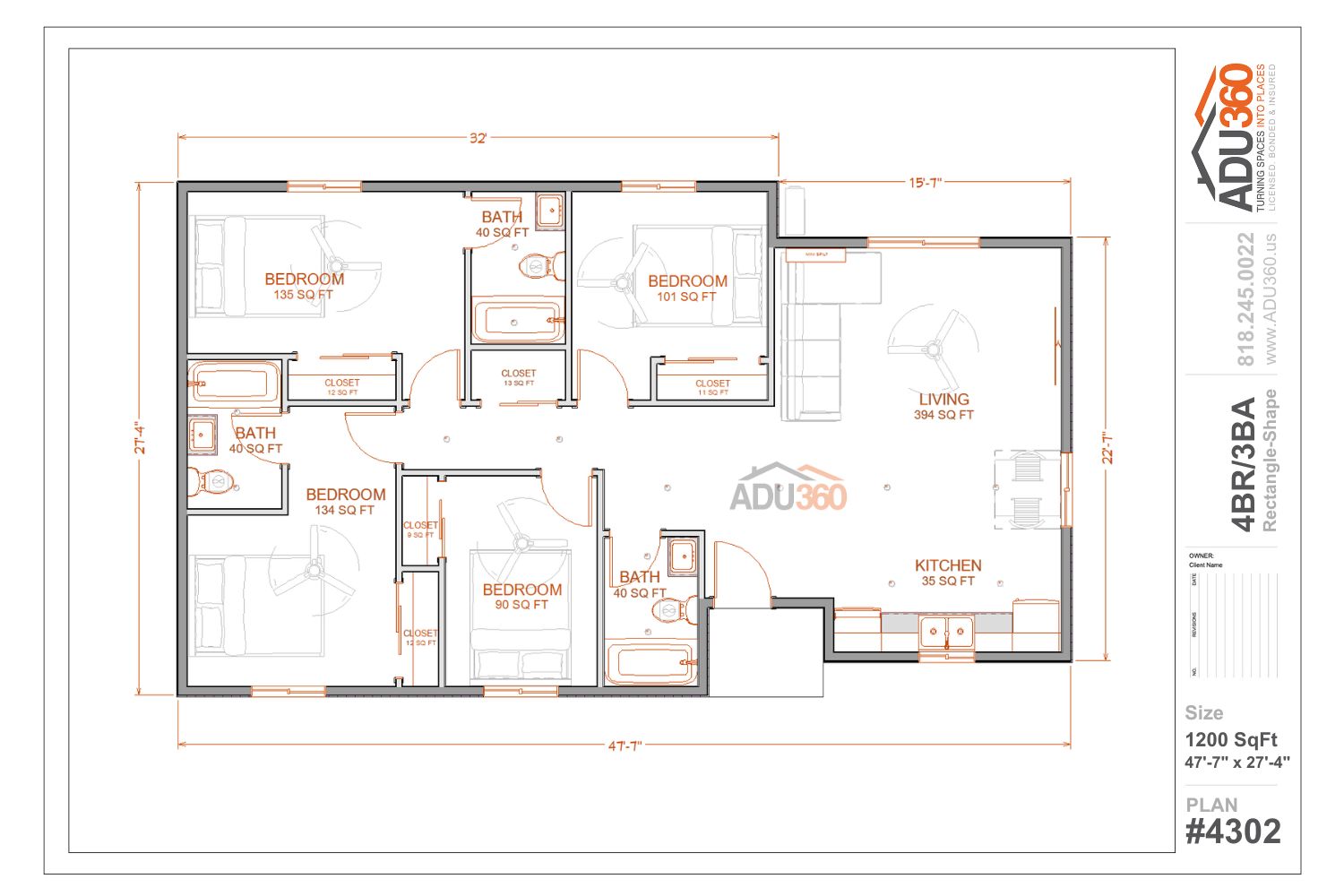 #4302 – 4BR/3BA – 1200 sqft