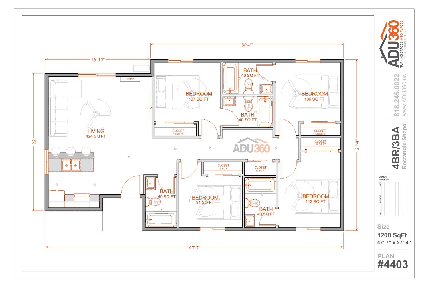 #4403 – 4BR/4BA – 1200 sqft