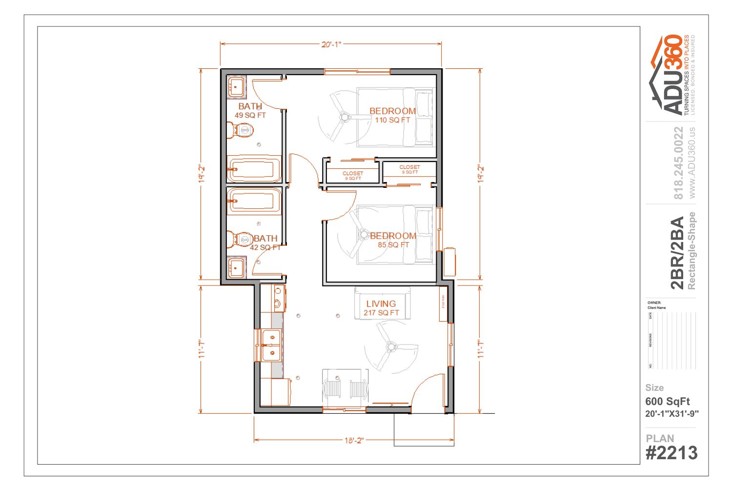 #2213 – 2BR/2BA – 600 sqft