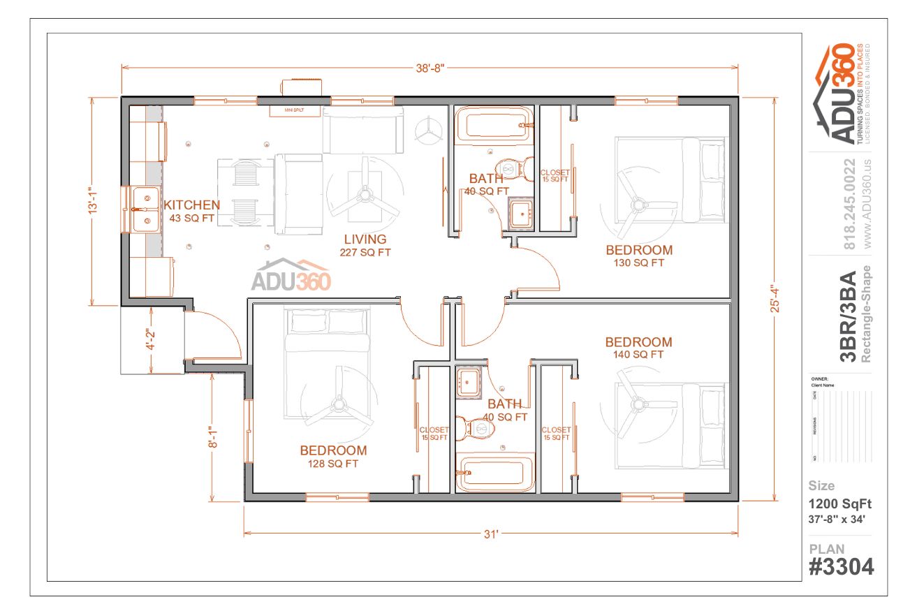 #3304 – 3BR/3BA – 1200 sqft