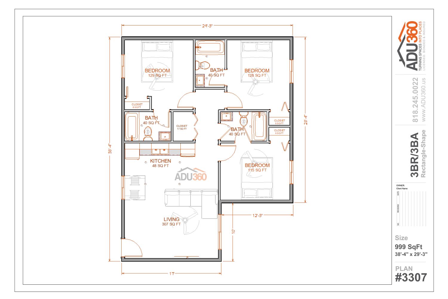 #3307 – 3BR/3BA – 999 sqft